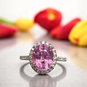 Anillo de diamantes con zafiro rosa 4,60 quilates certificado laboratorio cultivado corte ovalado platino 950 - Imagen 1 de 10