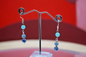 Vintage Sterling Silver 925 Earrings Drop Dangle Blue Natural Stones 2.58g - Picture 1 of 8