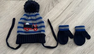 Baby Boys Winter Pom Pom Bobble Hat With Gloves Navy And Grey Striped 0-12 Month - Picture 1 of 4