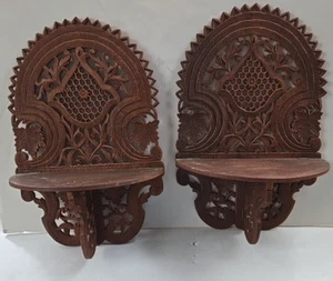 Vintage Set of 2 Carved Wooden Lattice Shelves Folding India Wood 15 x 9.5 - Picture 1 of 10