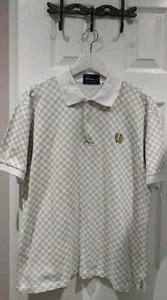 Fred Perry Polo Shirt Mens Medium Checkerboard Print Pique Gold Wreath Mod 60s - Picture 1 of 15