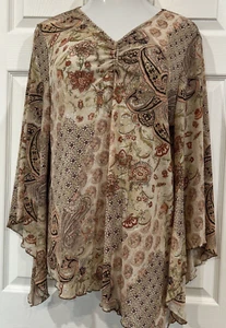 Lane Bryant Top Tan & Pink Floral Paisley Romance Sleeve Stretch Tunic Blouse 16 - Picture 1 of 12