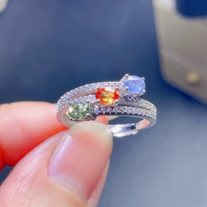 Colorful Sapphire Band Ring, Natural Sapphire Gemstone Ring 925 Sterling Silver - Picture 1 of 9