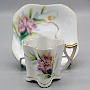 Cup & Saucer Set Yoko Boeki Co Demitasse Japan Pink Florals Square Vintage - Picture 1 of 10