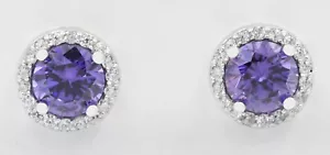 LAB CREATED 0.92 Cts AMETHYST & WHITE SAPPHIRE STUD EARRINGS .925 Silver - NWT - Picture 1 of 3