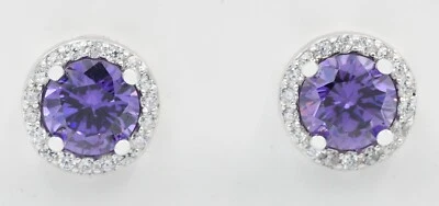 LAB CREATED 2.34 Cts AMETHYST & WHITE SAPPHIRE STUD EARRINGS .925 Silver - NWT - Image 1 of 3
