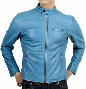 Herren blau echtes Lammleder Leder Motorrad Biker klassischer Reißverschluss Jacke - 132 - Bild 1 von 9