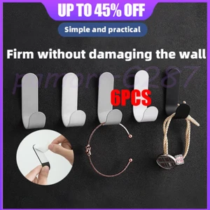6 Self Adhesive Hooks White Plastic Strong Sticky Stick on Wall Door Hanging - Picture 1 of 16