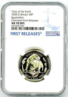 2020 GREAT BRITAIN 50P NGC MS70 DPL COLOR IGUANODON DINOSAUR FR TOP POP=3 - Image 1 of 2