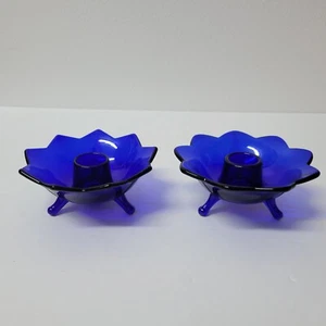 2 Cobalt Blue Glass Floral Art Assorted Shaped Candle Holders 4.5"Footed 3 Toe - Picture 1 of 8
