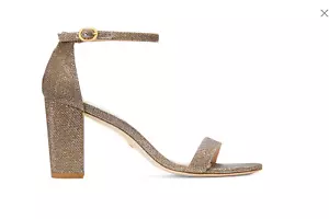 Stuart Weitzman Nearlynude Gold Champagne Heel Sandals Womens 9.5 Platinum Noir - Picture 1 of 14