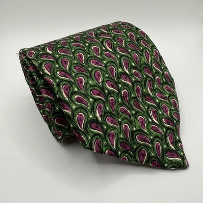 Corbata Neiman Marcus 100 % seda verde rosa/púrpura de lujo hecha en EE. UU. estampado cachemir Foto 1 de 4