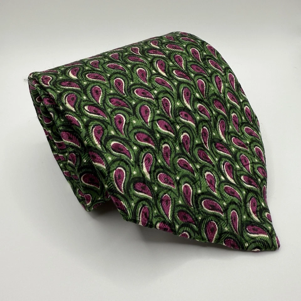Галстук Neiman Marcus 100% шелк зеленый розовый/фиолетовый роскошный сделано в США с принтом пейсли - Изображение 1 из 4