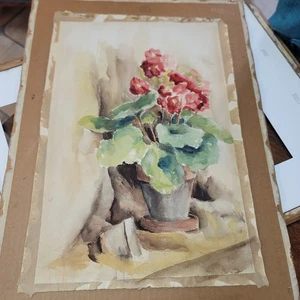 MCM Watercolor Geraniums Floral Still life Unframed on paper 1960s Approx. 22x14 - Picture 1 of 4
