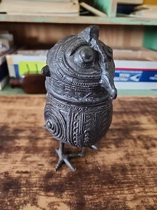 Indian Dhokra Art Brass Bronze Metal Owl Figurine Box W/Hinged Lid - Picture 1 of 9