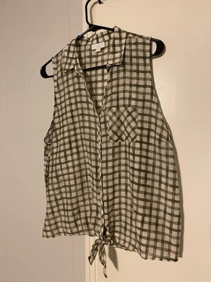 J Jill Tank Top Woman Large Green/White Check Silk Blend Button Tie Front - Image 1 of 4