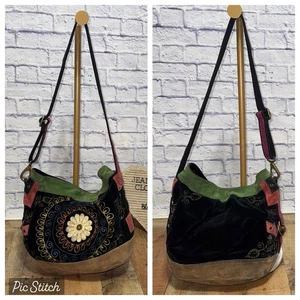 Lucky Brand Rindsleder Samt Bucket Bag Handtasche bunt Blumen bestickt - Bild 1 von 16
