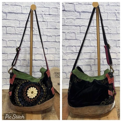 Lucky Brand 牛皮天鹅绒水桶包钱包多色花卉刺绣 — 第 1/4 张图片