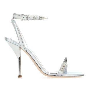 Alexander Mcqueen Silver Leather Metal Studded Heeled Sandals 37.5 NIB 1,390 - Picture 1 of 15