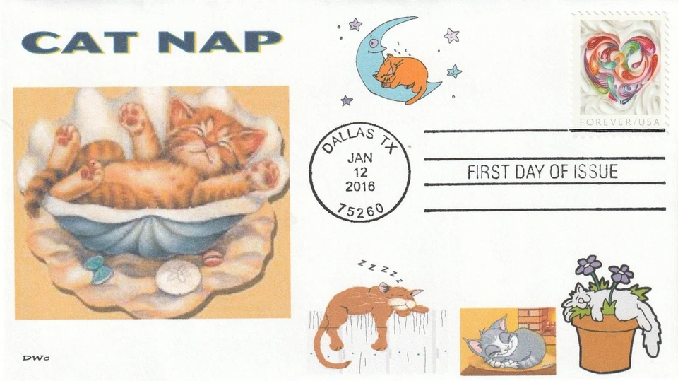 CUTE CAT NAP  COMFY  SLEEPING  SEA SHELL     FDC- DWc CACHET - Image 1 of 1