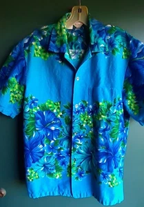 Fine Vintage 1950s 60s Cotton Bark Cloth Hawaiian Shirt Sz LARGE - BLUE & GREEN - Picture 1 of 6