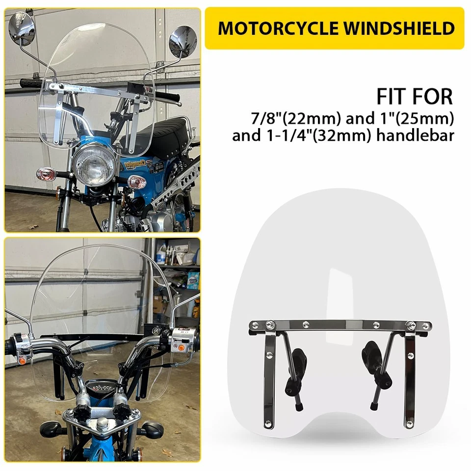 19"x17"Large Clear Motorcycle Windshield Universal Fit 7/8'' 1'' 1.25" Handlebar - Image 1 of 4