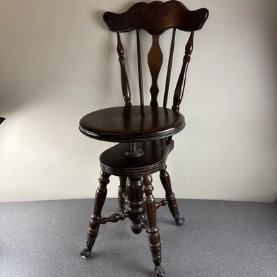 Antiguo taburete de órgano de piano ajustable con respaldo alto patas de bola de vidrio RARO Foto 1 de 4