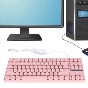 Pink USB Wired 87-Key Round Keycap Backlit Ergonomic Gaming Keyboard - Picture 1 of 18