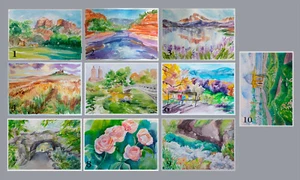 Sale of old works Set of 10 watercolor original paintings Landscape Summer - Picture 1 of 24