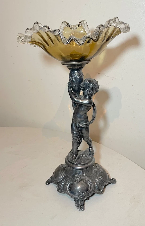antique ornate silverplate cherub figural blown glass centerpiece tazza compote - Image 1 of 4