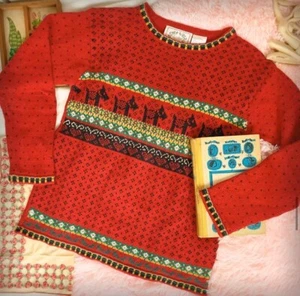 Vintage Scotty Dog Print Red Black Knit 80s 90s Erika Petites Sweater Small - Picture 1 of 7