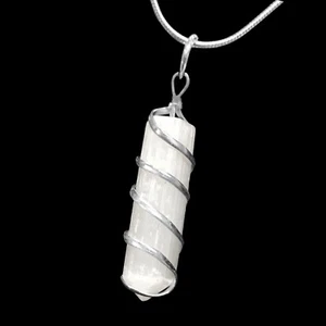 Selenite Wire Wrap Spiral Pendant Point Chakra Crystal Silver Necklace CHARGED - Picture 1 of 9