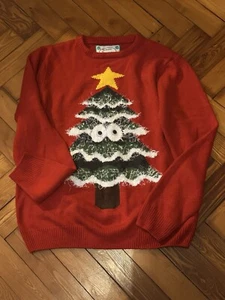 Comical Christmas Tree Goggly Eyes Crew Neck Red Jumper. Large 22” Secret Santa - Picture 1 of 3