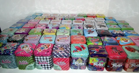 BULK LOT OF (67) RANDOM TINS LOL,ANIMAL JAM,TROLLS,SPIDER-MAN AND SO MUCH MORE!! Cover
