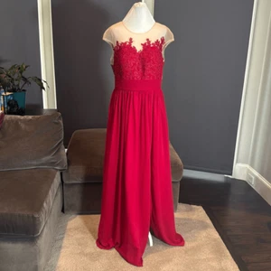 Vestido formal largo completo rojo para mujer apliques de encaje cremallera espalda pierna abertura talla 16 NUEVO - Imagen 1 de 11