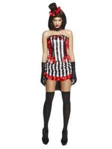 Damen Sexy Vampir Kostüm Halloween schwarz weiß Harlekin gestreift Neckholder M NEU - Bild 1 von 3