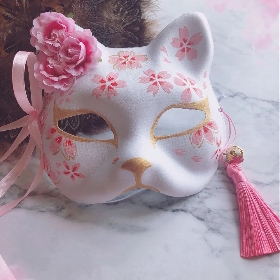 Japanese Hand-Painted Half Face Fox Kitsune Mask Cosplay Halloween Masquerade - Image 1 of 4