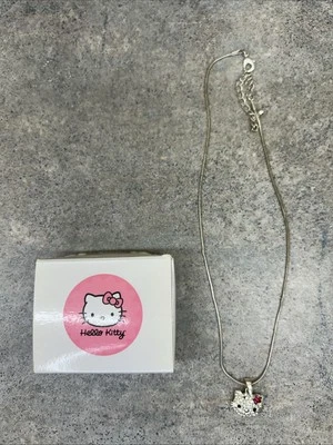 "Collar Hello Kitty Sanrio cristales de plata con lazo rosa cadena ajustable de 19"" con caja" Foto 1 de 4