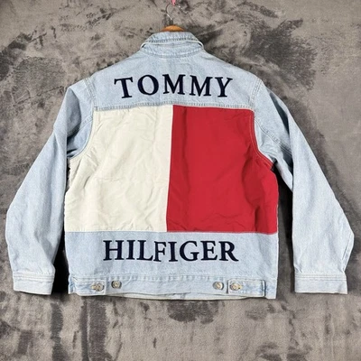 Vintage Sz L Tommy Hilfiger Denim Jacket Big Logo Flag Patch 90s Y2k Embroidery - Image 1 of 4