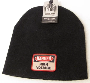 Broner Winter Hat Mens Black Beanie Danger High Voltage Logo Acrylic Cap - Picture 1 of 9