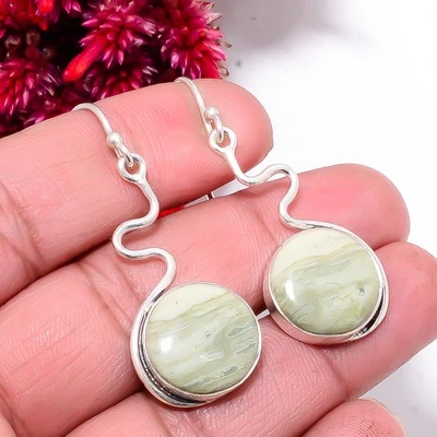 Natural Serpentine - Russia 925 Sterling Silver Handmade Earring 1.95" Sku9 - Image 1 of 4