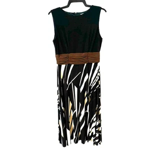 Coldwater Creek Size P14 Black Brown and White Banded Waist Abstract Print Dress - Picture 1 of 7