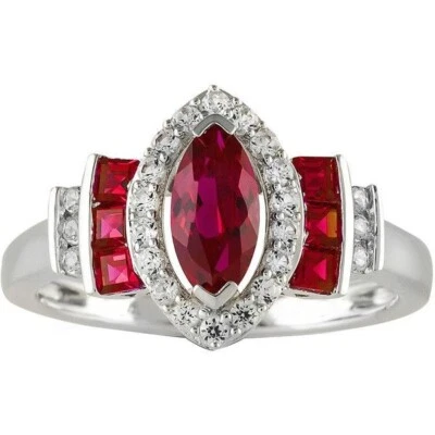 Anillo de compromiso de rubí rojo simulado corte marquesa de 5 quilates oro blanco de 14 quilates sobre plata Foto 1 de 4