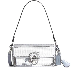 NUEVO $425 COACH Studio Baguette Brillante Lentejuelas Bolso Bandolera de Hombro en Plata - Imagen 1 de 20