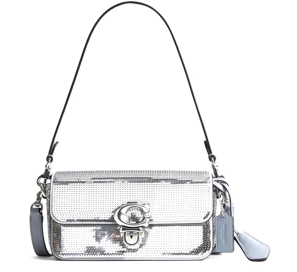COACH Studio Baguette Shiny Sequin Shoulder Crossbody Bag In Silver