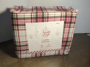 North Pole Trading Co Twin Flannel Sheet Set Holiday Red/Green Plaid 100% Cotton - Picture 1 of 11