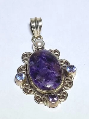 Colgante de plata de ley piedras preciosas charoita y perla 925 filigrana púrpura fianza grande Foto 1 de 4
