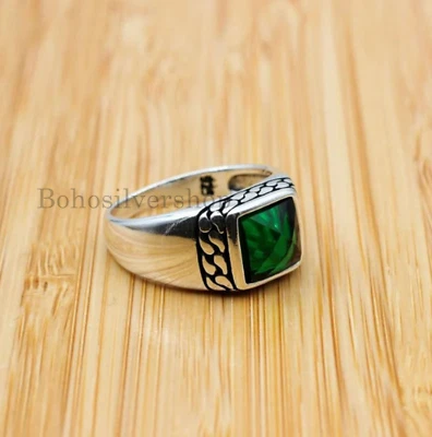 Emerald Glass Handmade Mens Ring 925 Sterling Silver Turkish Gemstone Rings #383 - Image 1 of 4