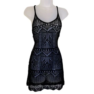 New XS Black Knit Crochet Swimsuit Cover Up Mini Dress Slit Beach Sarong Kaftan - Picture 1 of 5