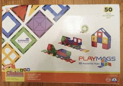 Playmags 3D Magnetic Tiles 50 Pc Accessory Set Includes 4 Cars Bases Ages 3+ - Image 1 of 4
